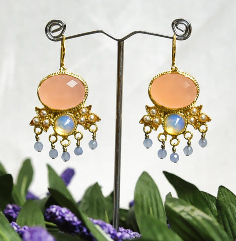 Handmade 22 K gold platted earrings with Pink & Turquoise color stones