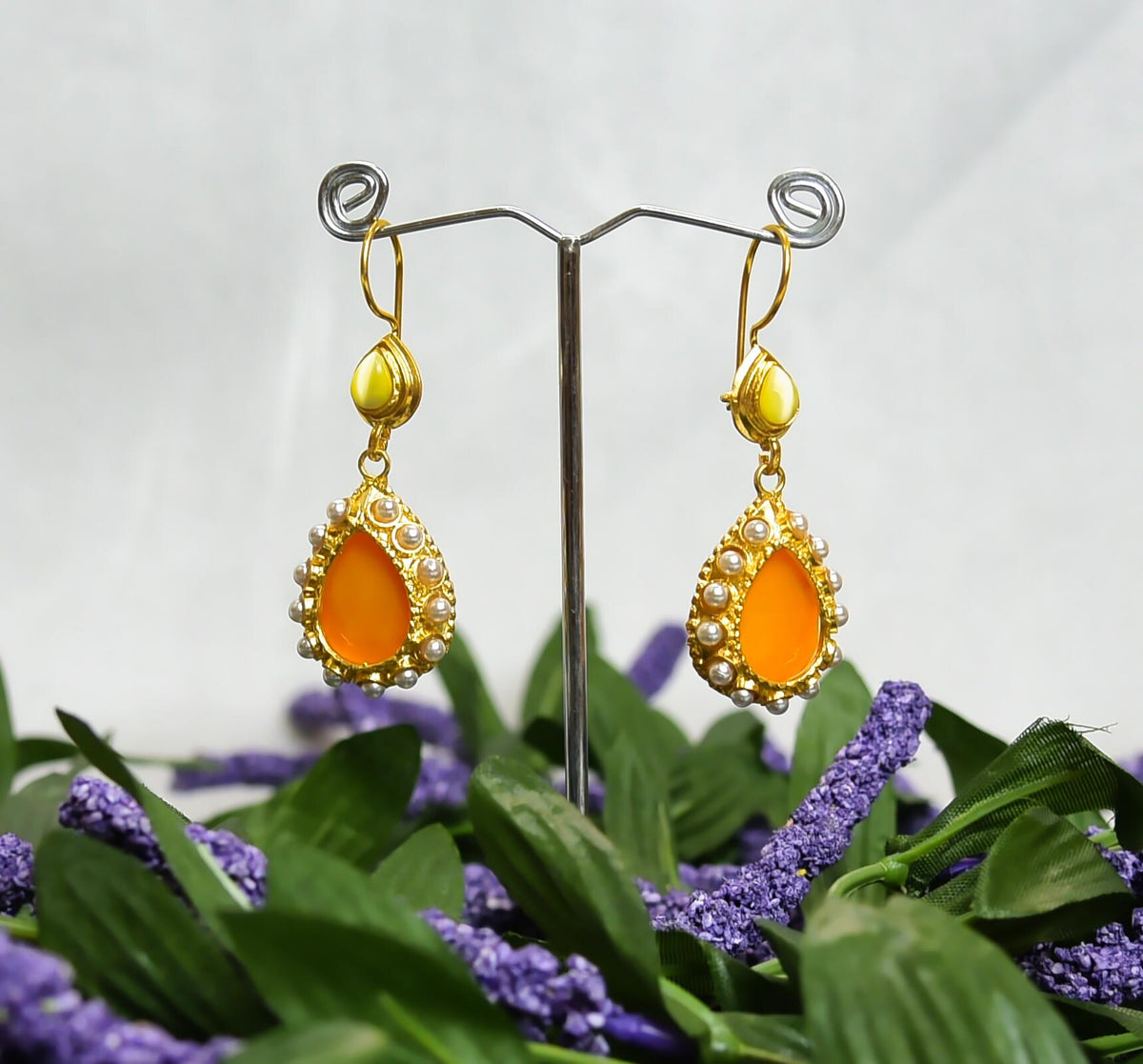 Orchard Orange, handmade Indian design Earrings with Orange & Yellow color stones