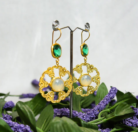Royale - Morning Green, handmade Indian design, Gold Platted Earrings with pearl color stones