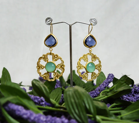 Royale - Ocean Blue, handmade Indian design, Gold Platted Earrings with green color stones
