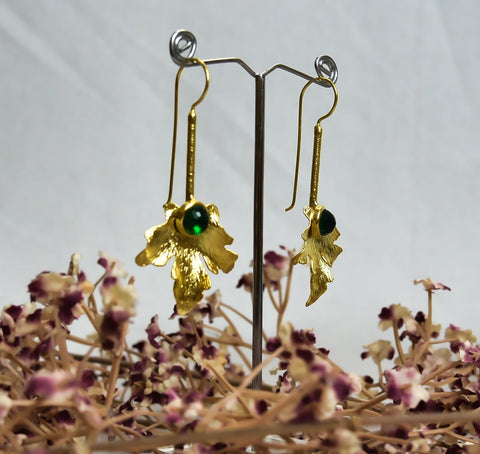 Maple Leaf - Dark Green, handmade Gold Platted Earrings with pearl green color stones