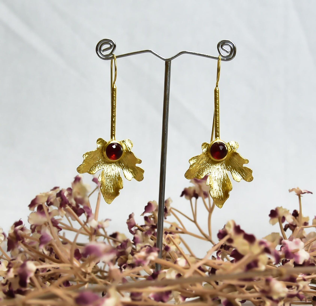 Maple Leaf - Dragon Red, handmade Gold Platted Earrings with red color stones