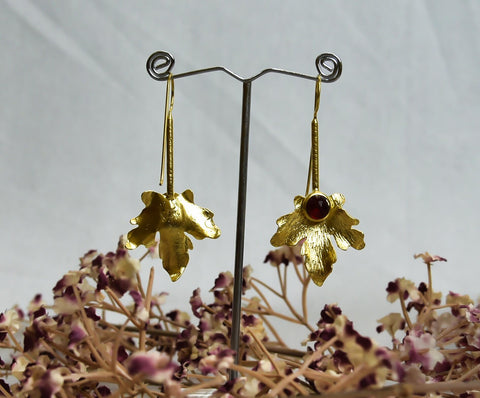 Maple Leaf - Dragon Red, handmade Gold Platted Earrings with red color stones