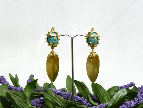 Golden Leaf - Amber Blue, handmade Gold Platted Earrings with Firoza color stones