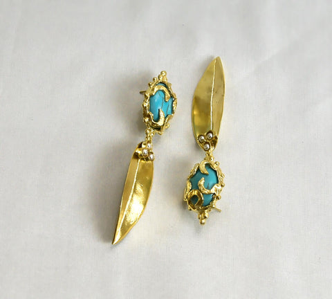 Golden Leaf - Amber Blue, handmade Gold Platted Earrings with Firoza color stones